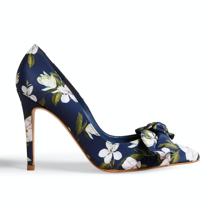 women navy floral bow court heels