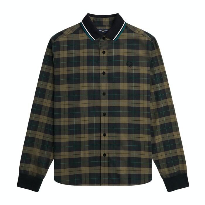 men dark green chequered twin-tipped collar shirt