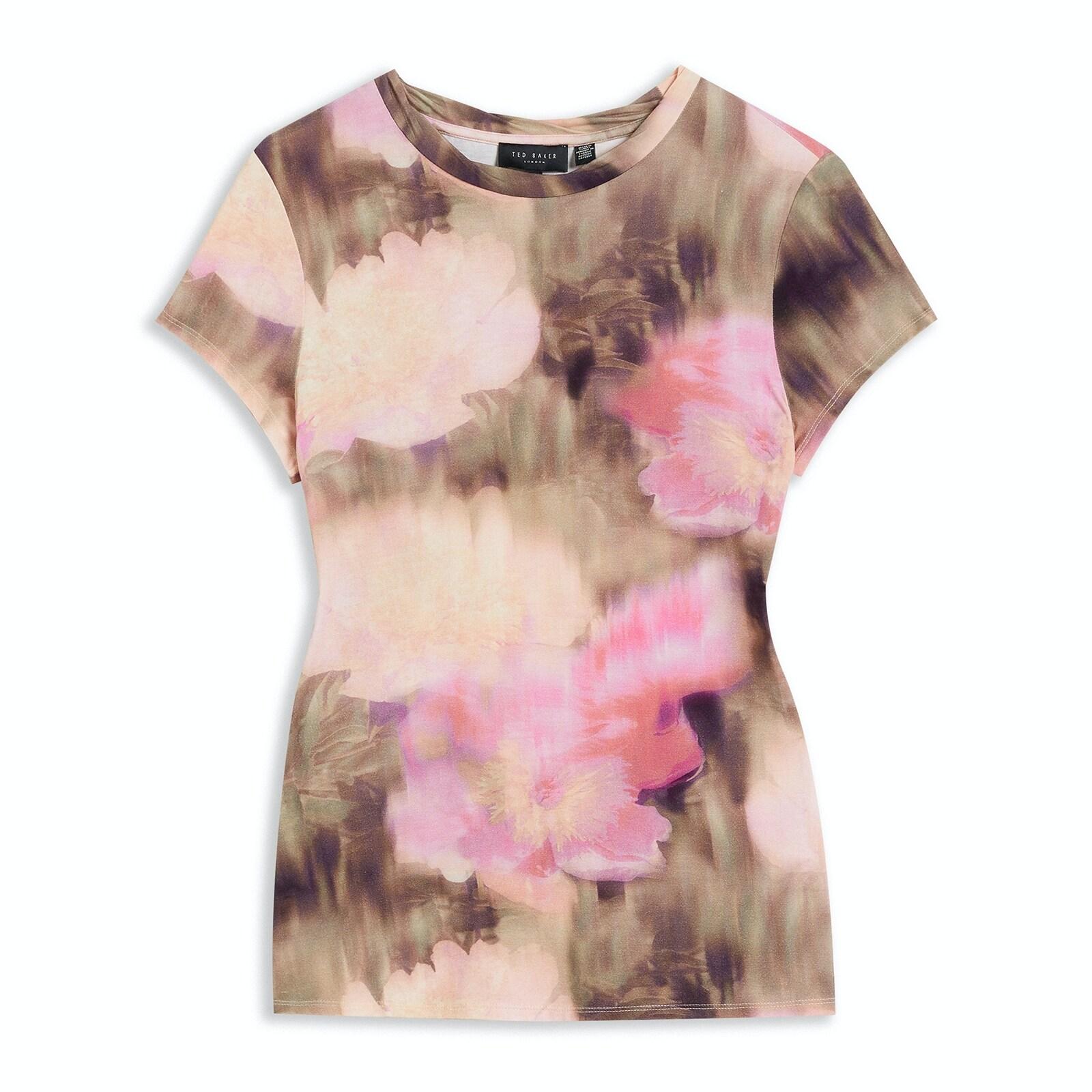 women pink fitted floral t-shirt with twisted neck