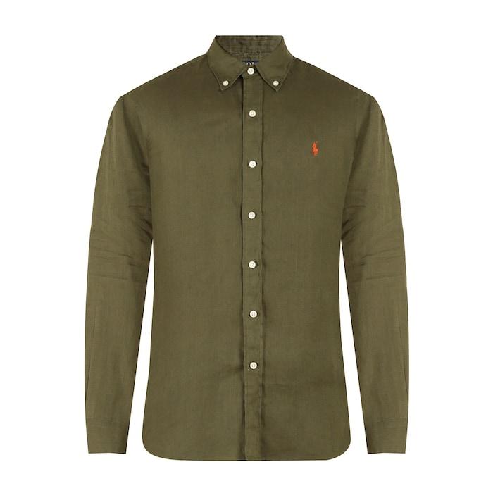 men dark olive custom fit linen shirt