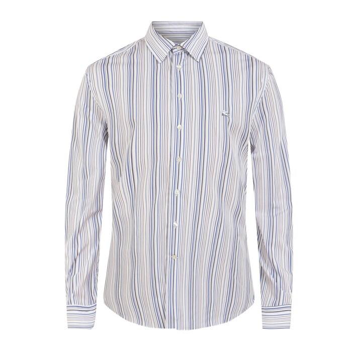 men blue vertical striped logo shirt