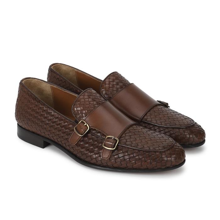 men brown matelasse double monk strap loafers