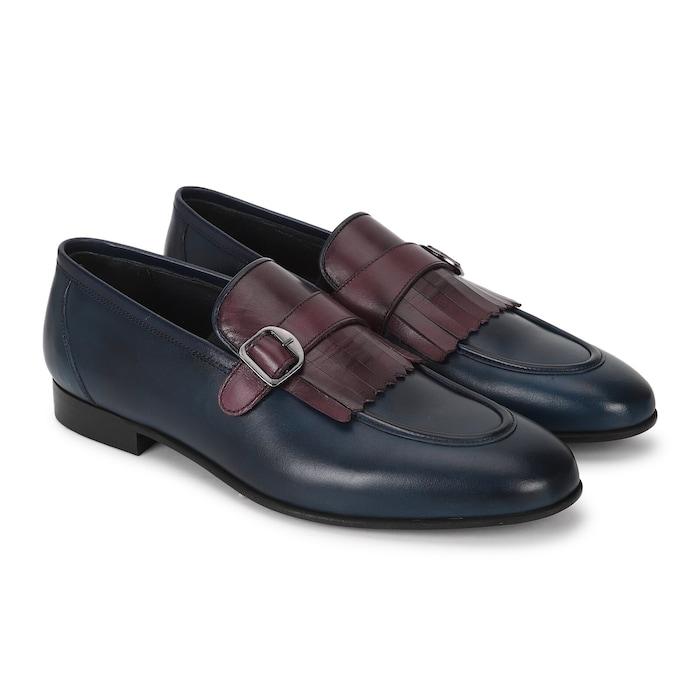 men navy single buckle monk strap loafers