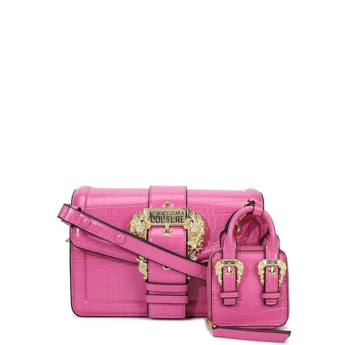 women fuchsia croc shoulder bag with detachable zipper purse