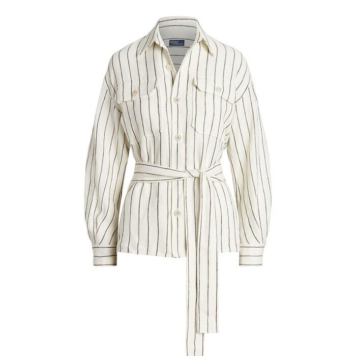 women white belted striped linen utility shirt