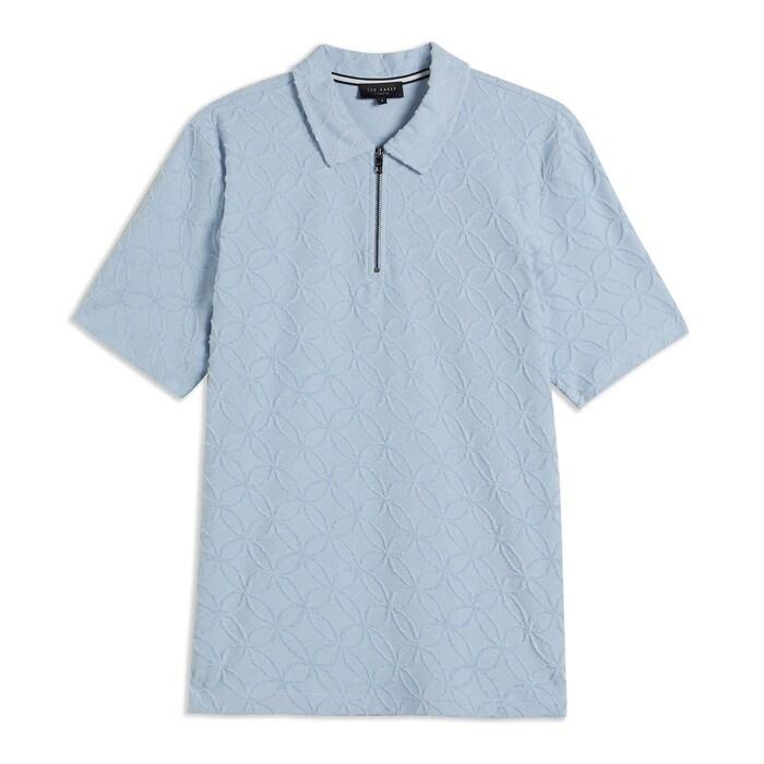 men blue short sleeve zip jacquard polo