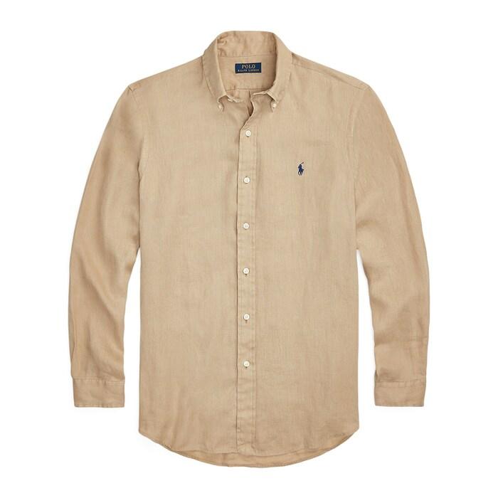 men beige custom fit linen shirt