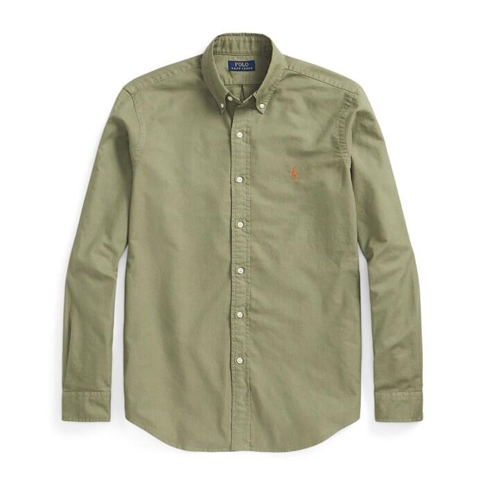 men olive custom fit garment-dyed oxford shirt