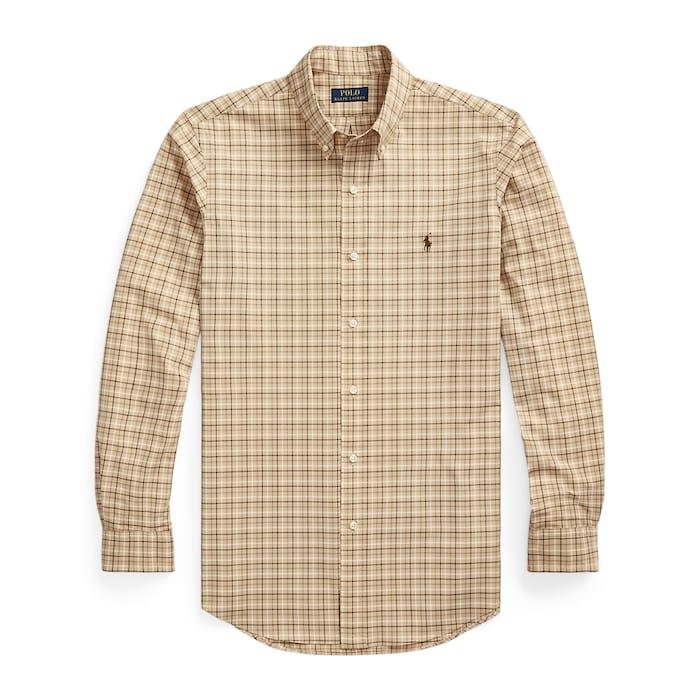 men beige custom fit plaid stretch poplin shirt