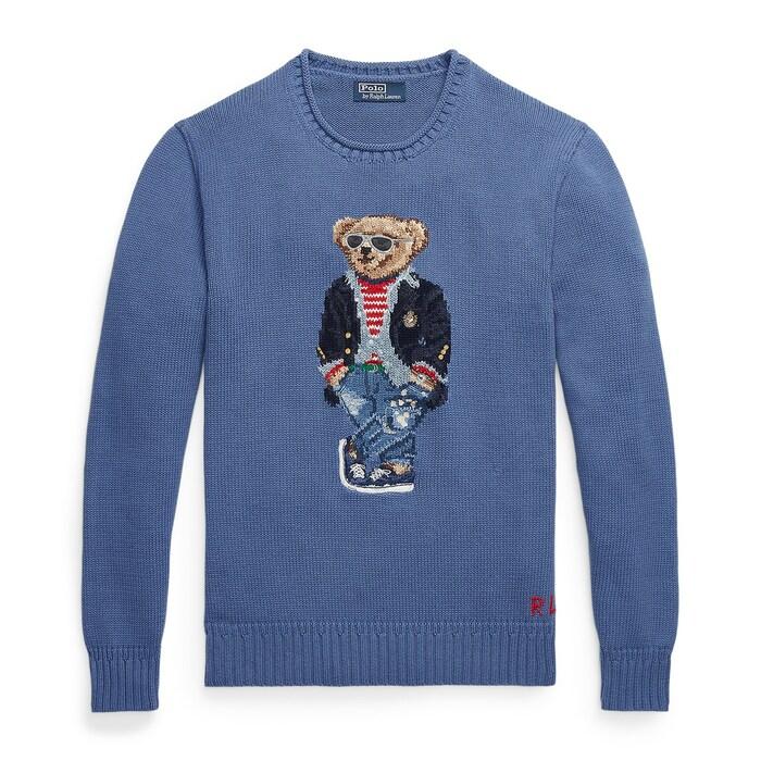 men blue polo bear cotton mockneck sweater