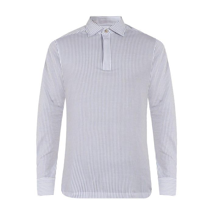 men blue striped half-placket jersey shirt