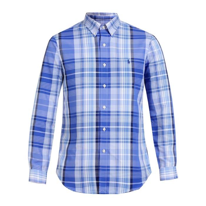 men dark blue large checks slim-fit logo shirt