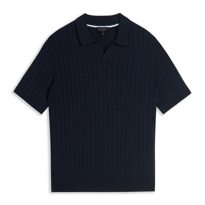 men navy knit stipes open-collar polo