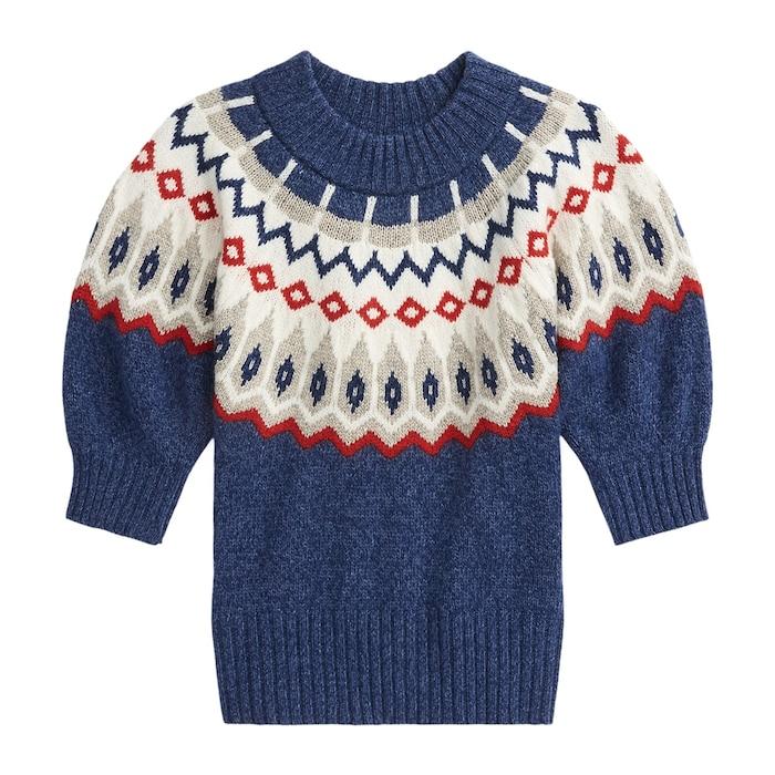 women blue fair isle puff-sleeve sweater