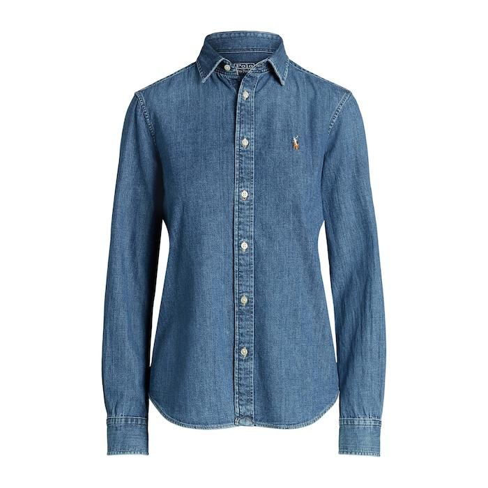 women dark wash straight fit denim shirt