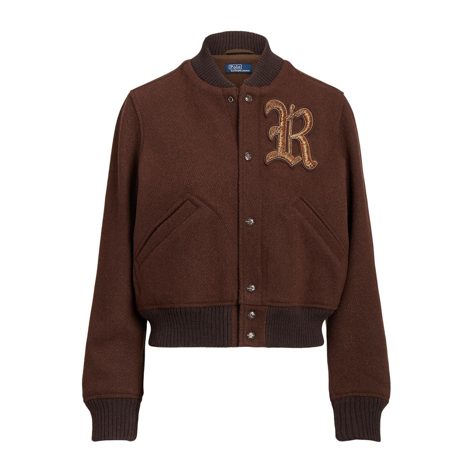 women brown wool-blend twill letterman jacket