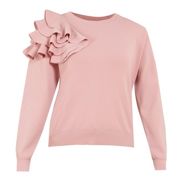 women pink easy-fit sweater with floral ruffle