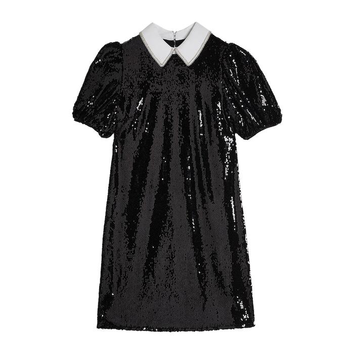 women black sequin shift dress with puff sleeves