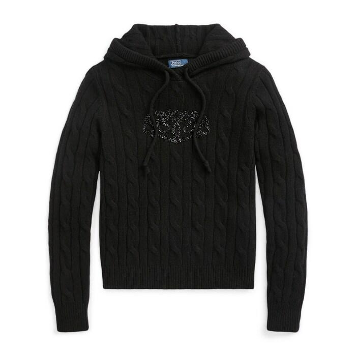 women black cable-knit hooded sweater