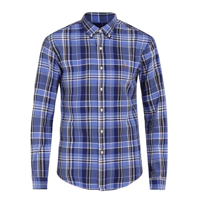 men blue custom fit plaid oxford shirt