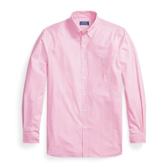 men pink custom fit gingham stretch poplin shirt