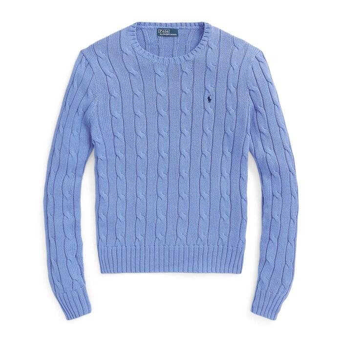 women blue cable-knit cotton crewneck sweater