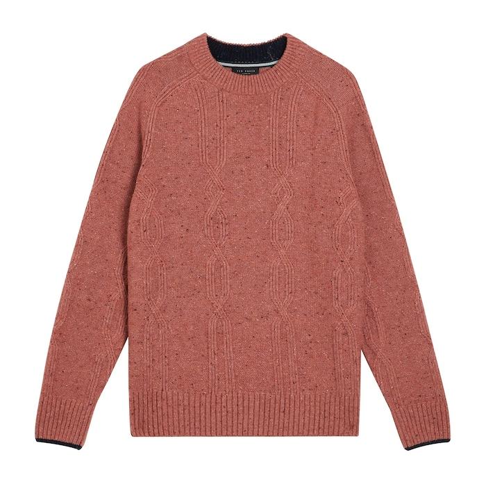 men pink crew neck jumper with cable detail