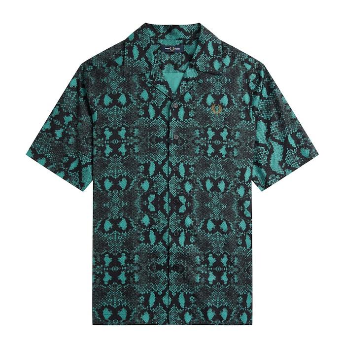 men teal snake print revere collar shirt