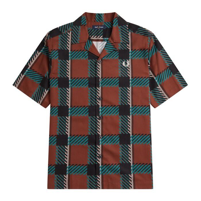 men brown glitch-tartan revere collar shirt