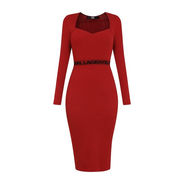 women red waist branding knit bodycon dress