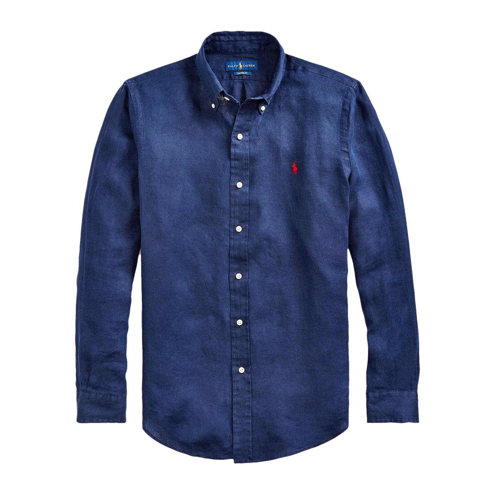 men navy custom fit linen shirt