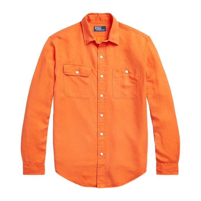 men orange classic fit linen-silk work shirt