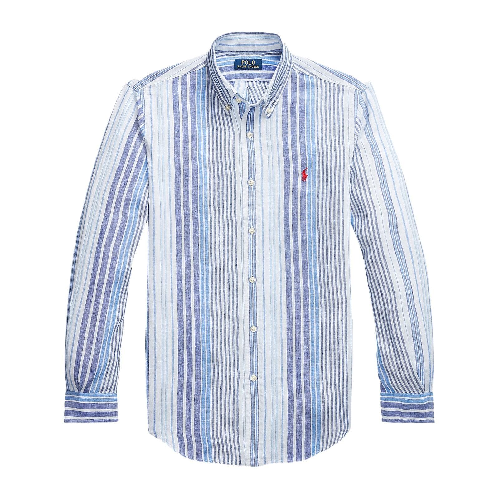 men multi custom fit striped linen shirt