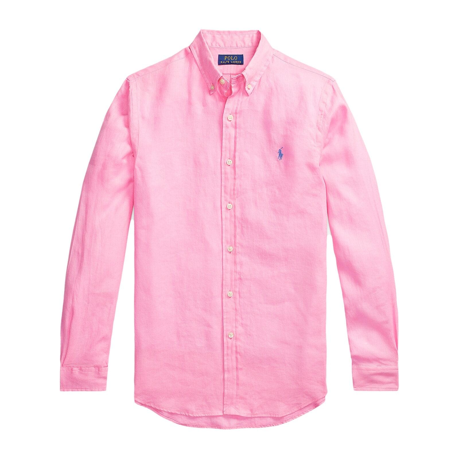 men pink custom fit linen shirt