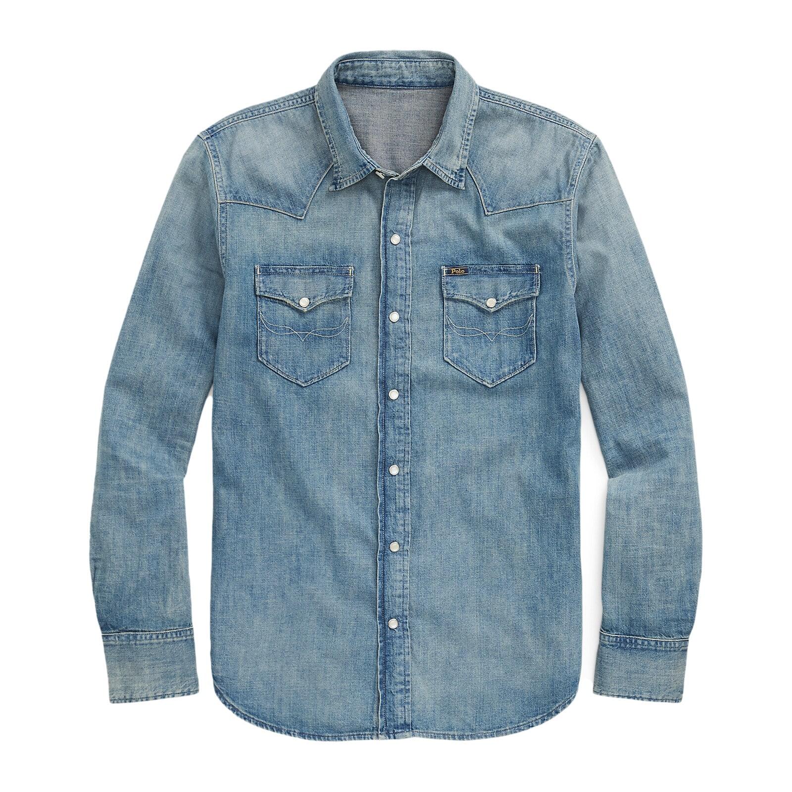 men blue slub denim western shirt