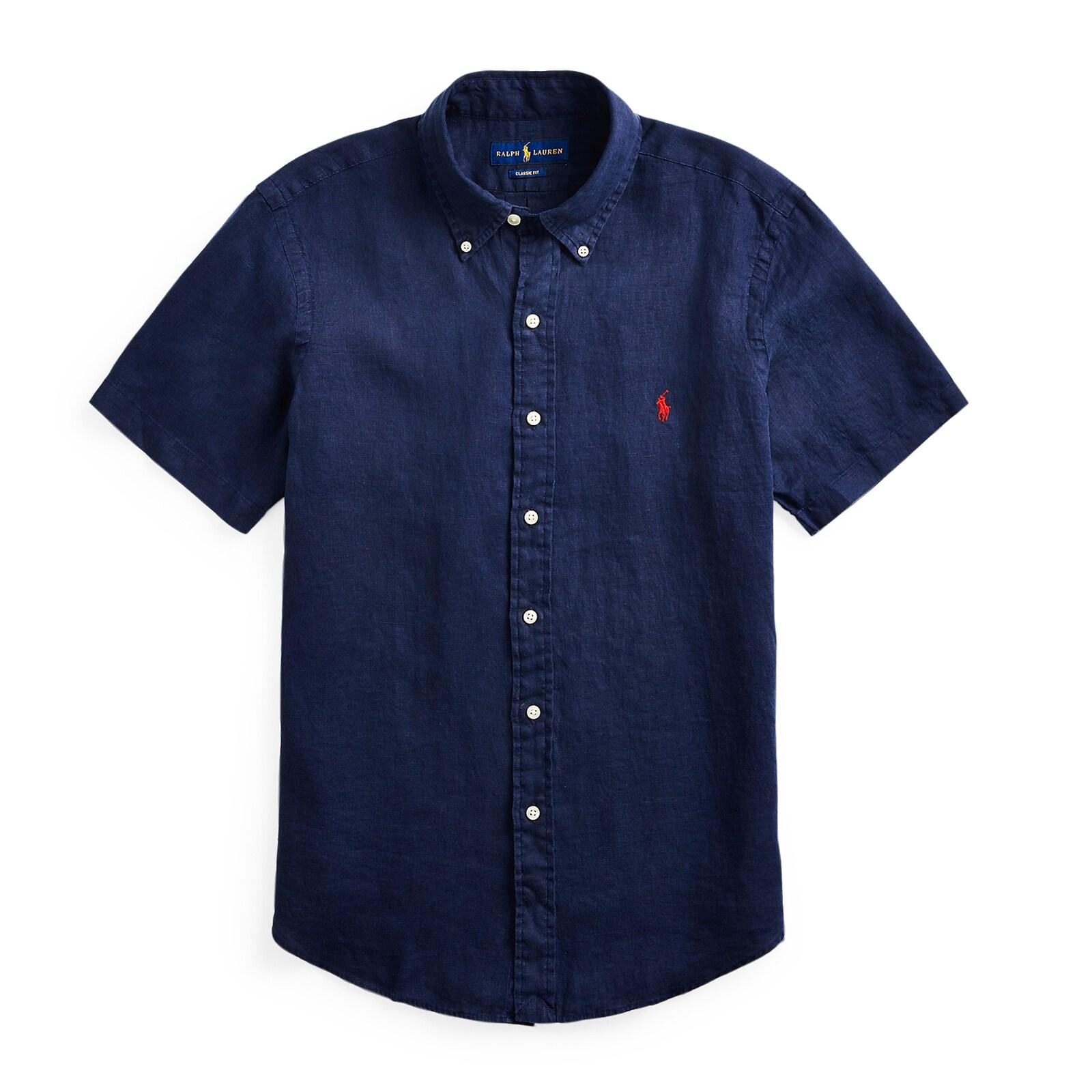 men navy custom fit linen shirt