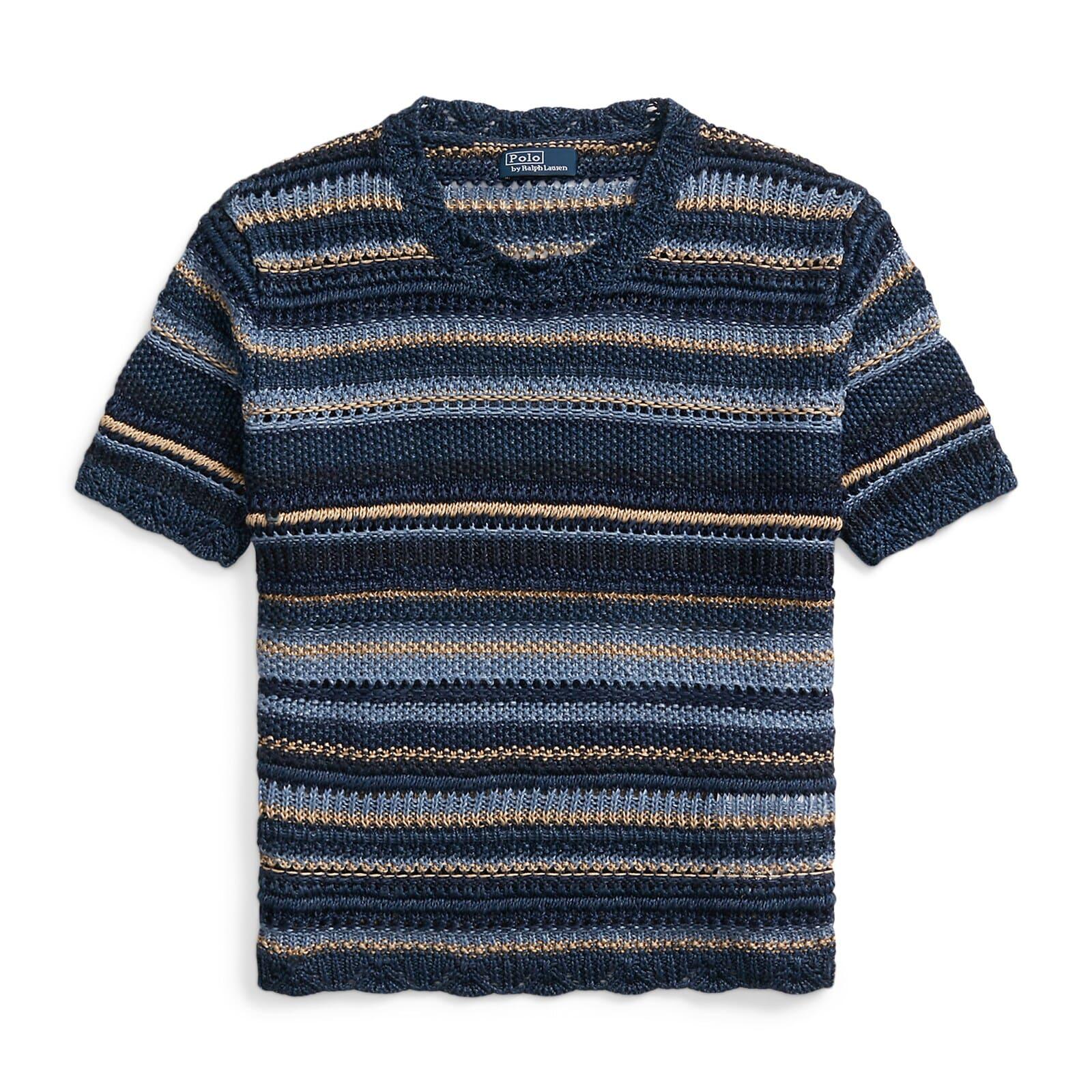 women blue striped pointelle-knit sweater