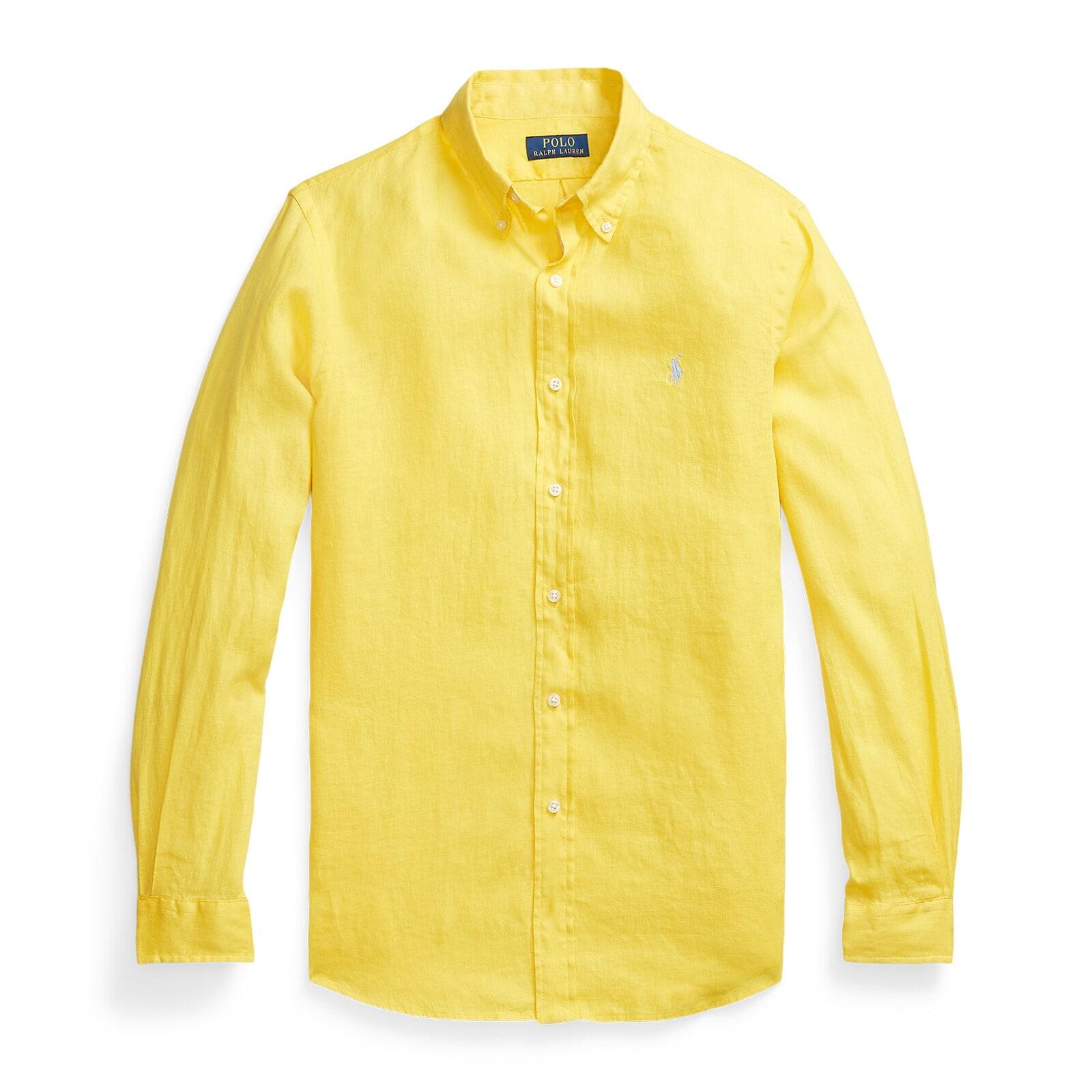 men yellow custom fit linen shirt