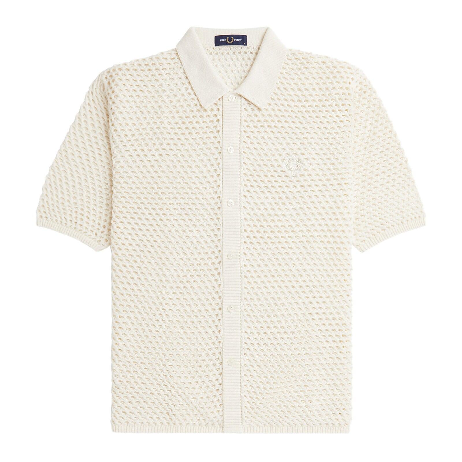 men ecru button-through lace knit shirt