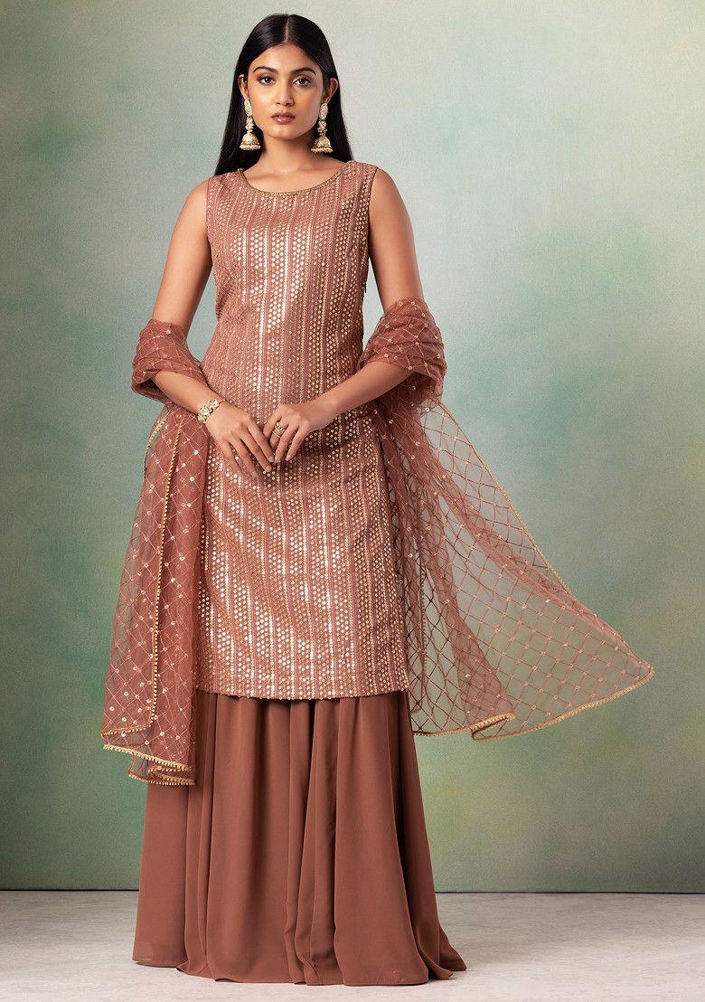 rusty rose sharara set with sequin stripe embroidered kurta and dupatta