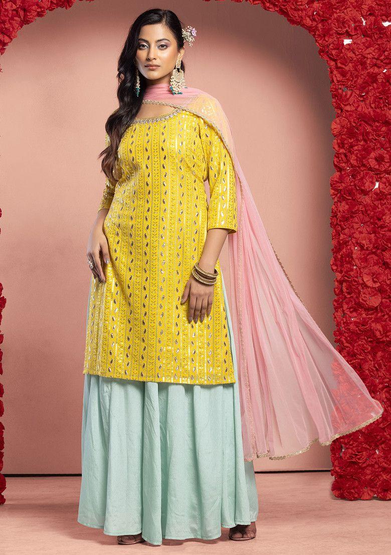 seafoam sharara set with yellow floral thread embroidered kurta and contrast dupatta