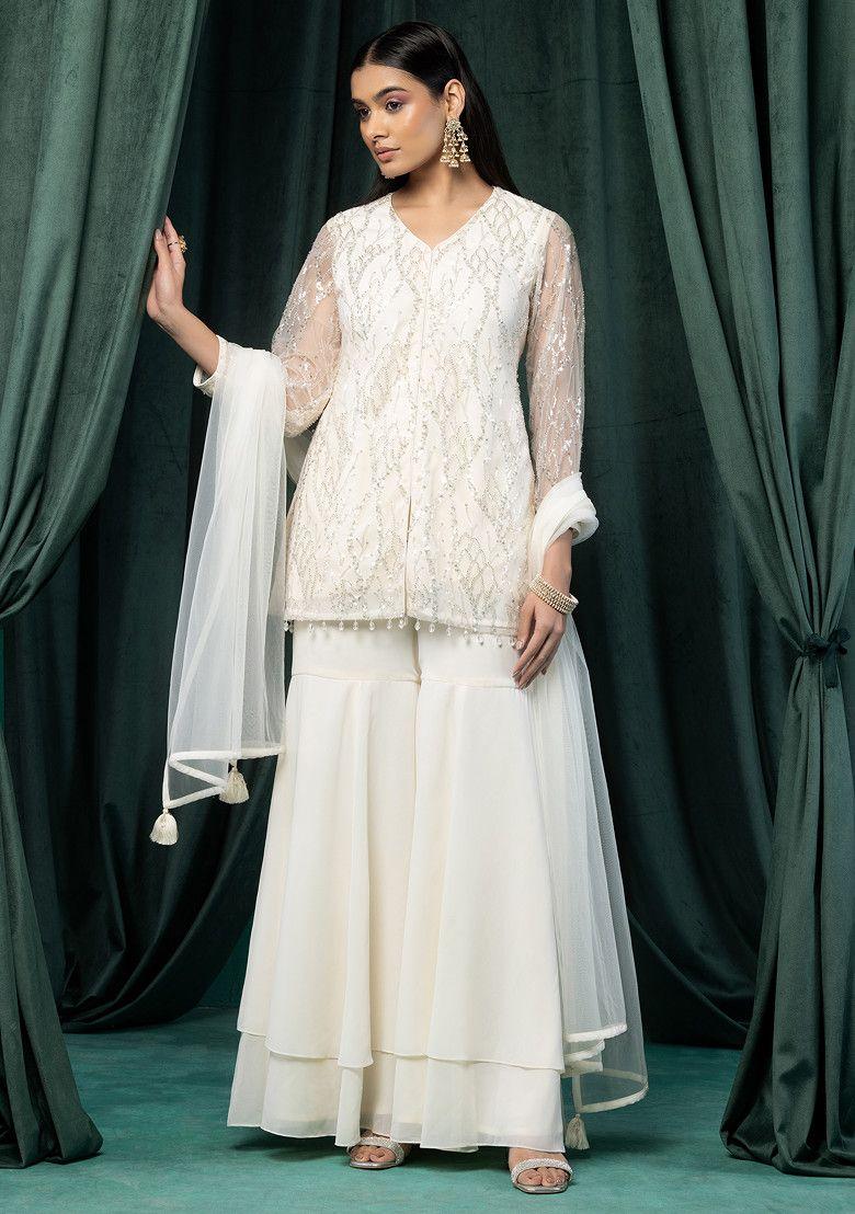 off white sharara set with sequin bead embroidered kurta and dupatta