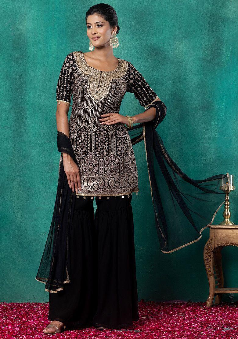 black sharara set with sequin thread chevron embroidered kurta and dupatta