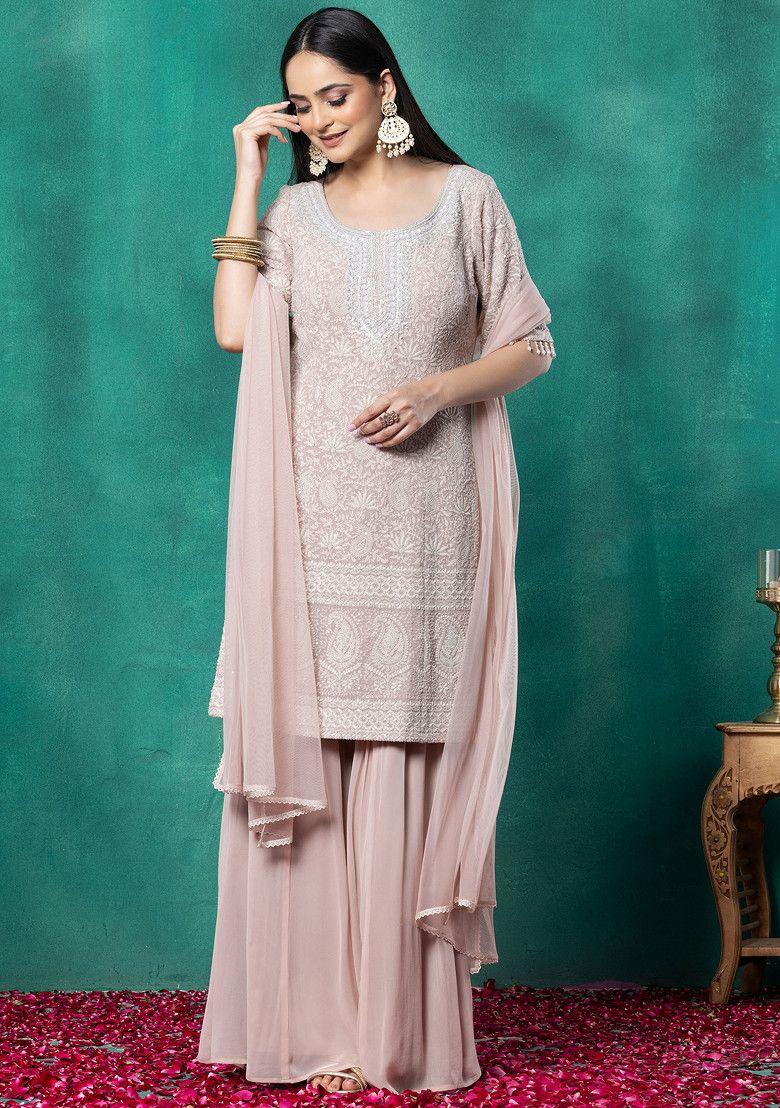 pastel pink sharara set with paisley thread embroidered kurta and dupatta