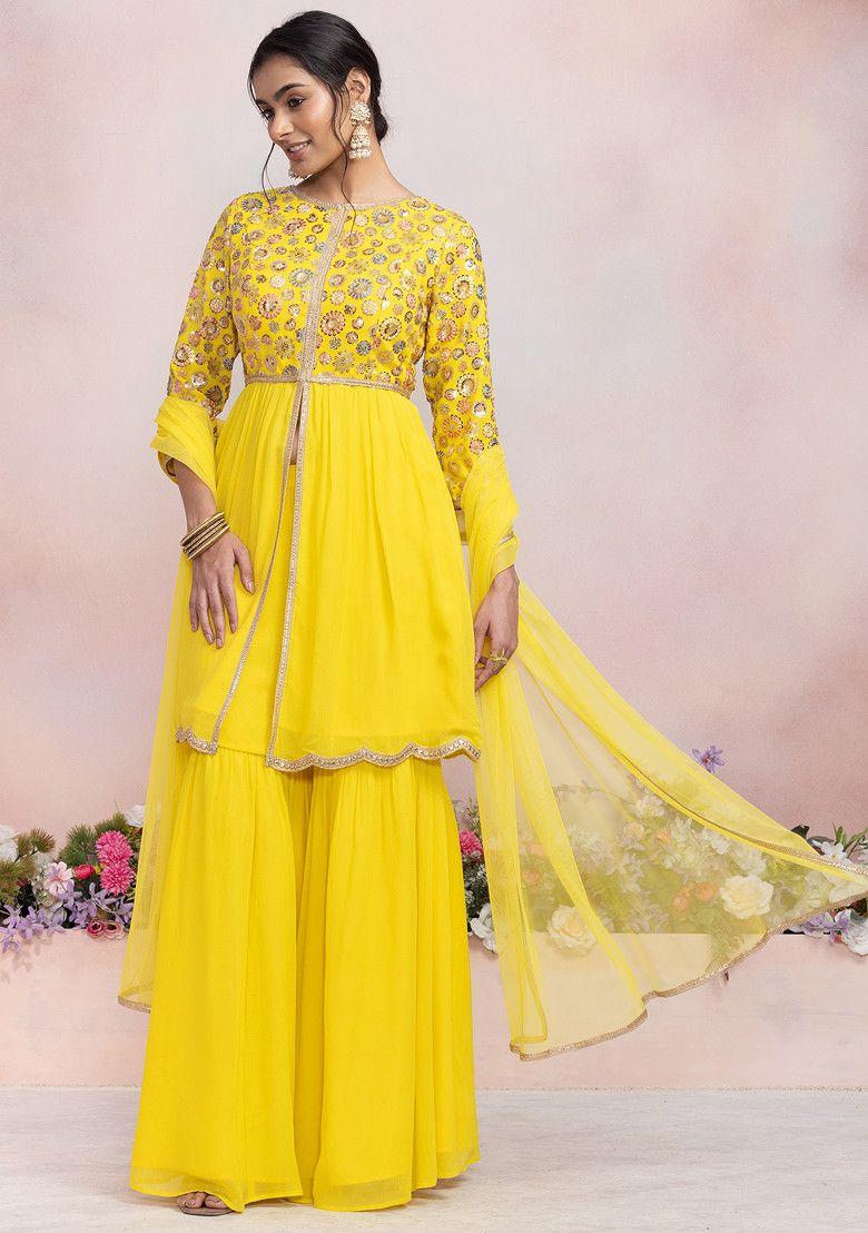 yellow sharara set with multicolour sequin thread embroidered kurta and dupatta