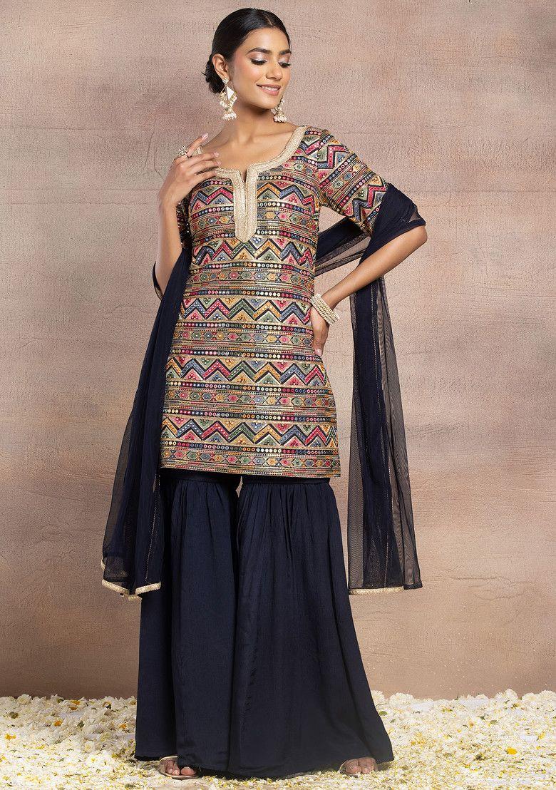 navy blue sharara set with mirror thread chevron embroidered kurta and dupatta