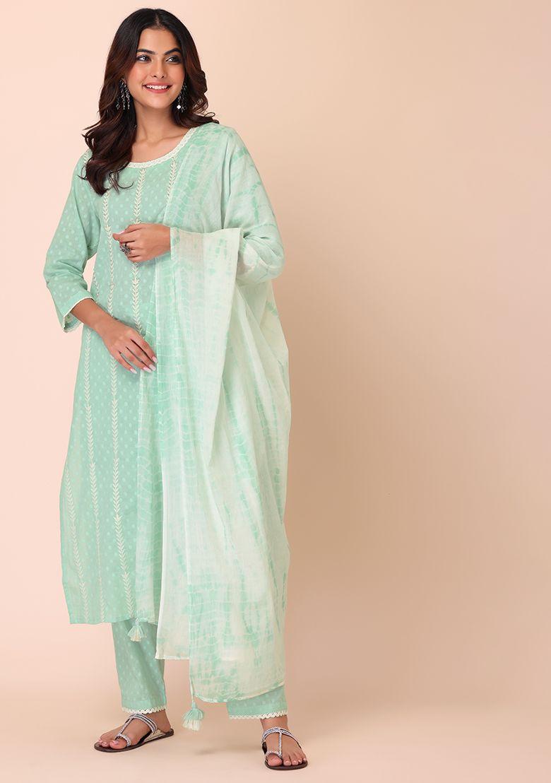 pastel green cotton dobby kurta with pants and dupatta (set of 3)