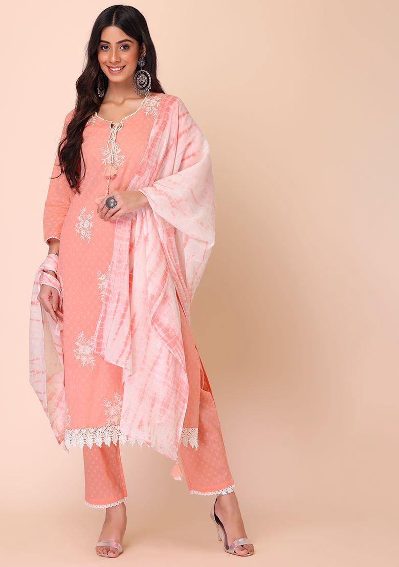 pink cotton dobby kurta with pants and dupatta (set of 3)