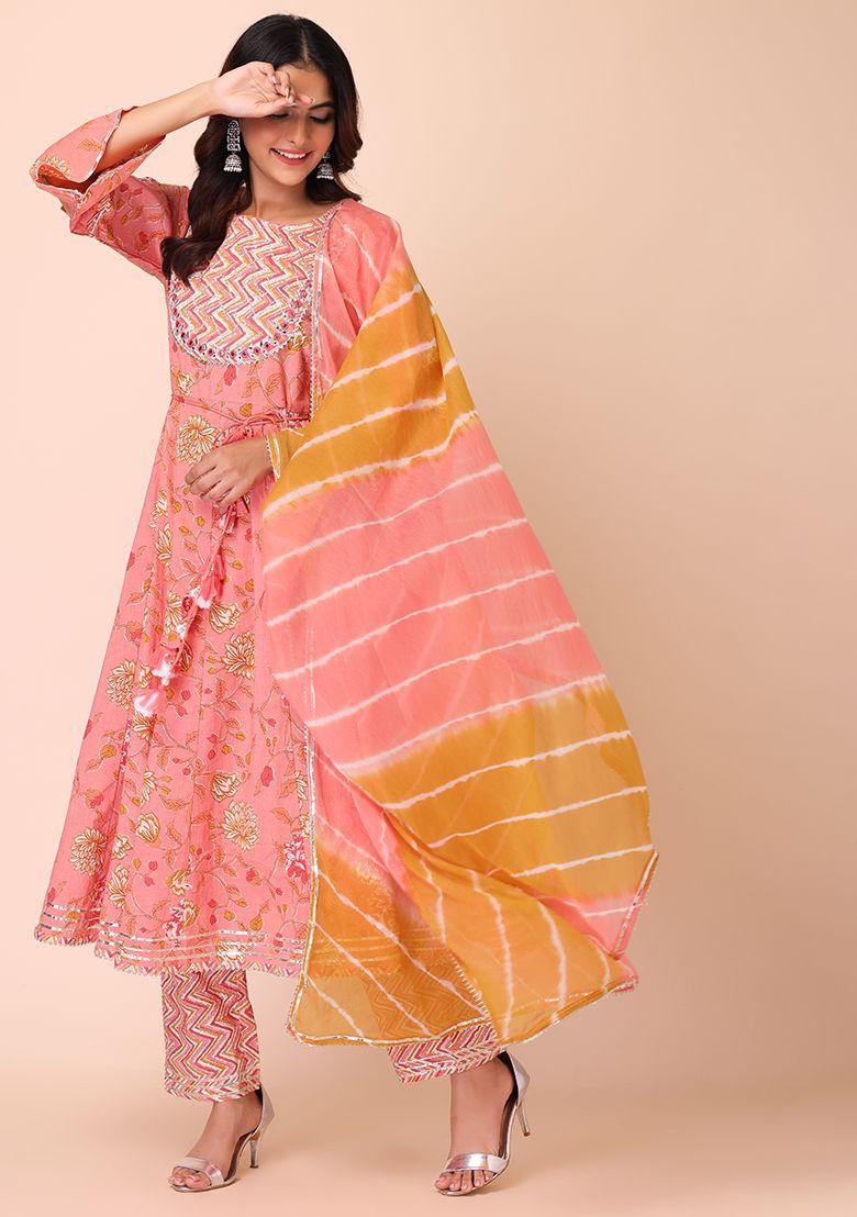 peach floral print cotton anarkali with pants and chiffon dupatta (set of 3)