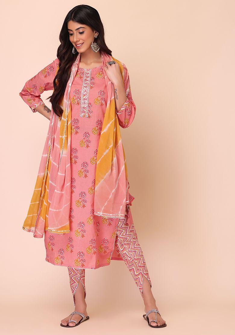 peach cotton kurta with tulip pants and chiffon dupatta (set of 3)